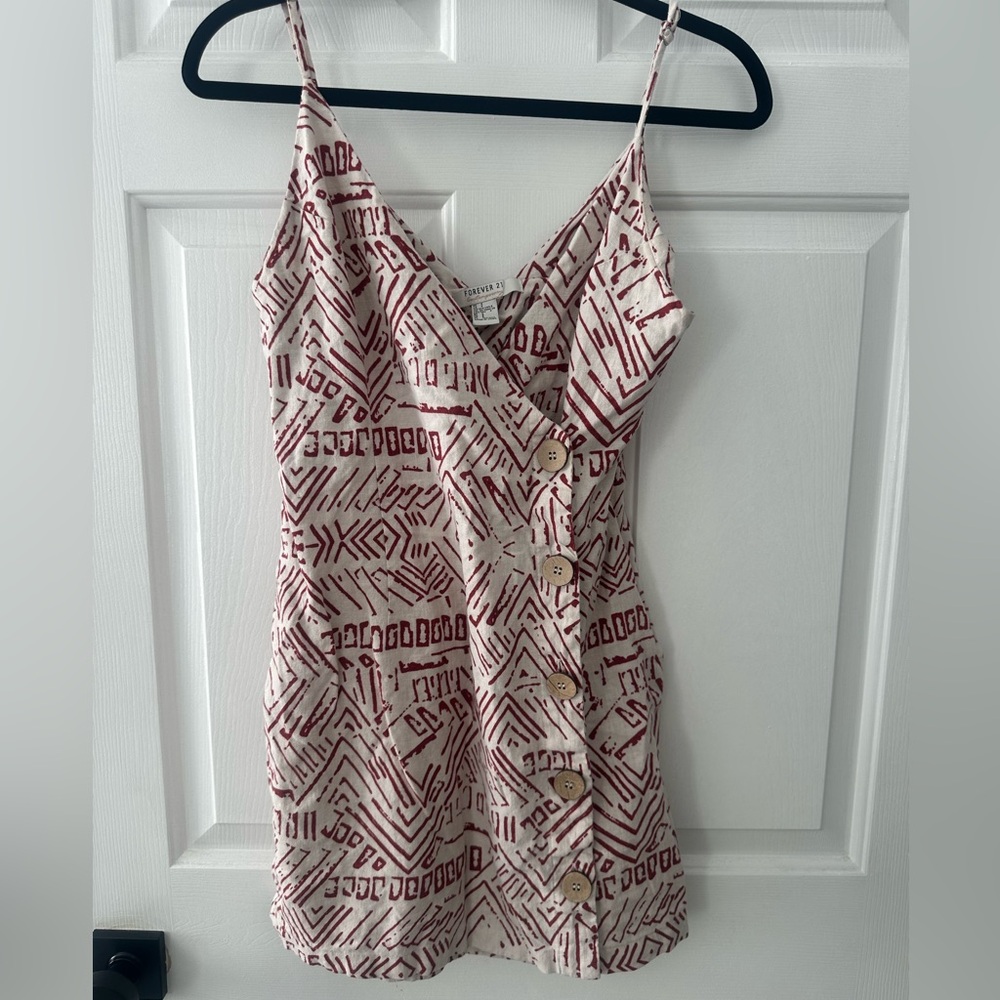Forever 21 Cream and Maroon Printed Button-Front Mini Dress